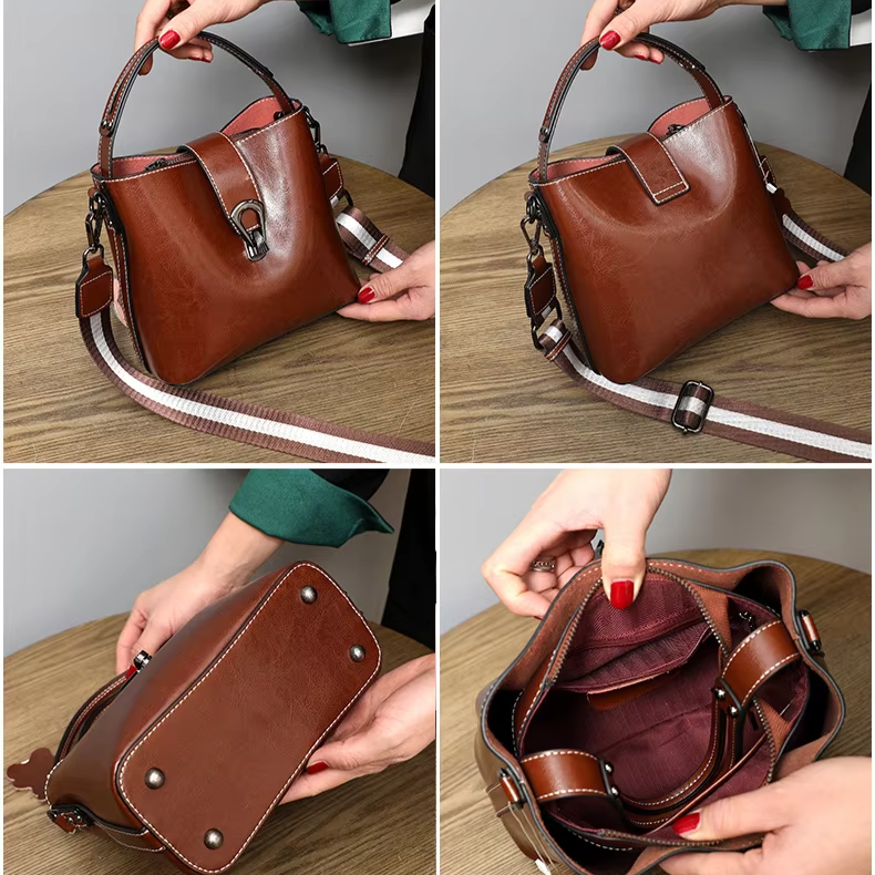 Crossbody Handbag Real Oil Wax Cowhide Leather Handbag. Versatile Handbag.