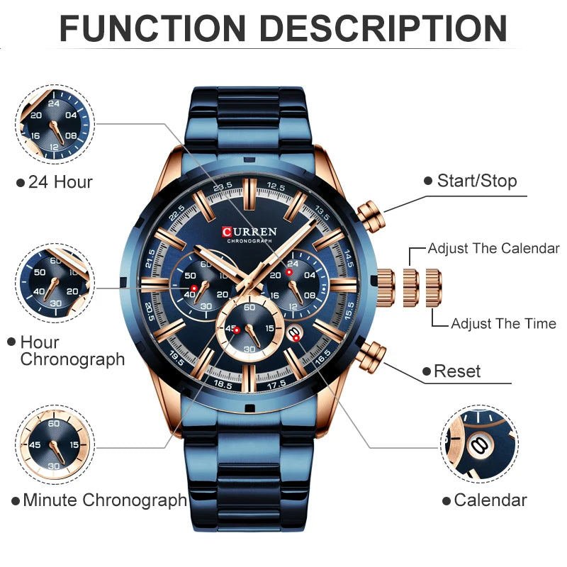 CURREN Men's Wristwatch. Chronograph. Luxury Sports. Quartz. Steel. Waterproof.