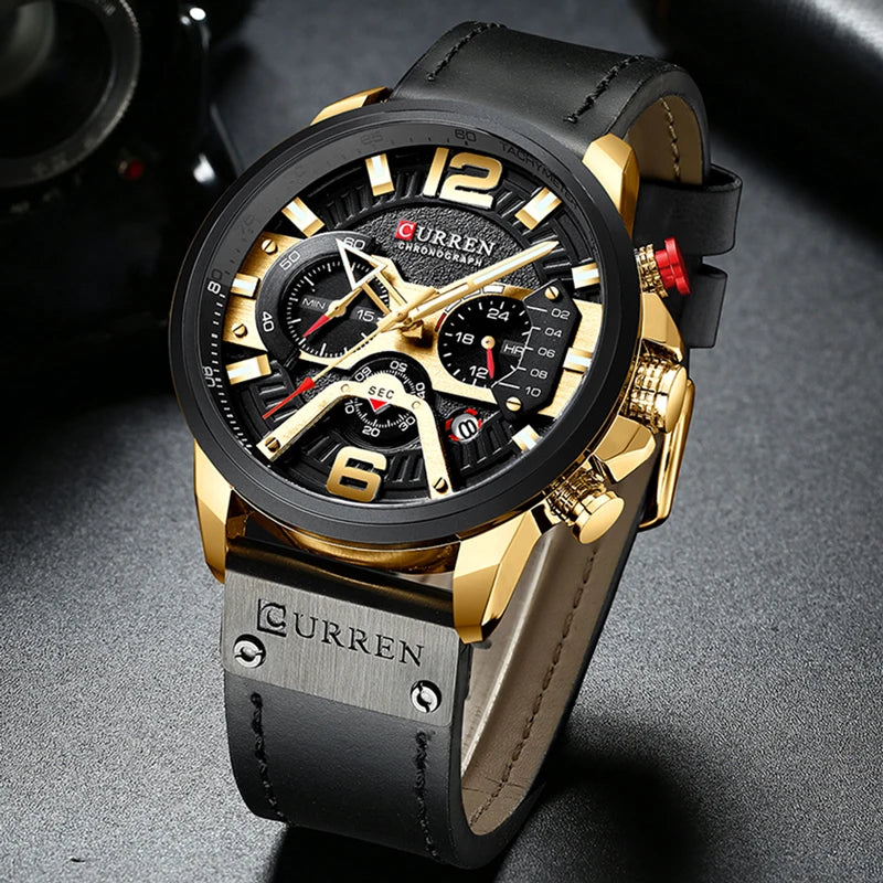 Sports Watches for Men Top Brand Leather Wristwatch Chronograph CURREN