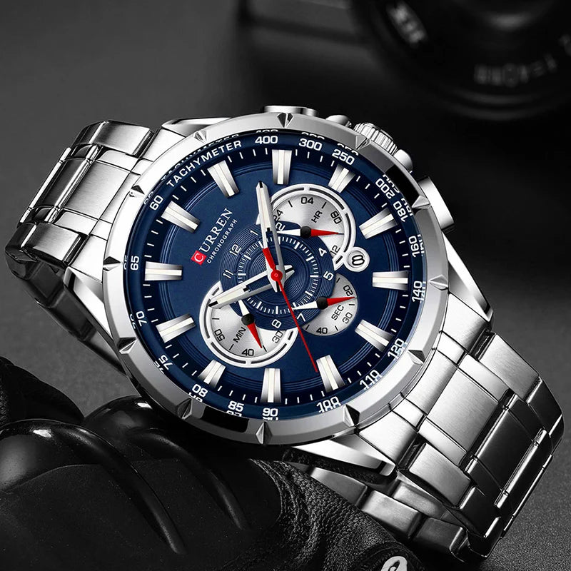 Men’s Watch Chronograph Quartz Waterproof  + Stainless Steel Band