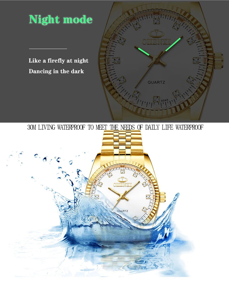 Men + Women Gold Quartz Movement Waterproof Stainless Steel Wristwatches