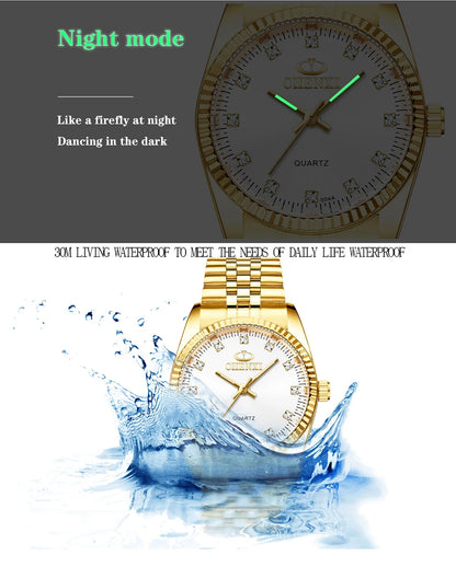 Men + Women Gold Quartz Movement Waterproof Stainless Steel Wristwatches