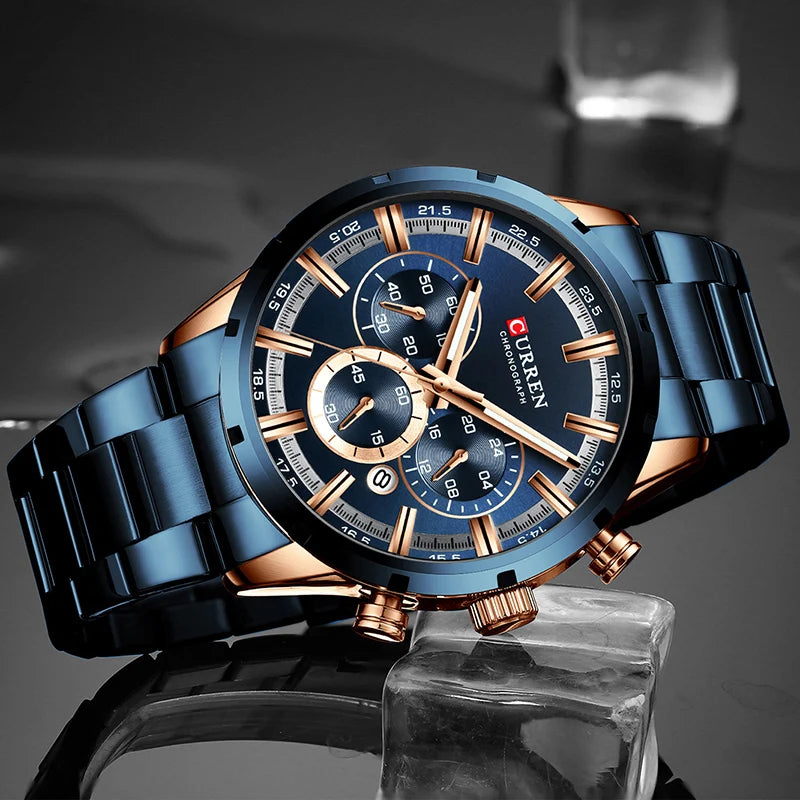 CURREN Men's Wristwatch. Chronograph. Luxury Sports. Quartz. Steel. Waterproof.