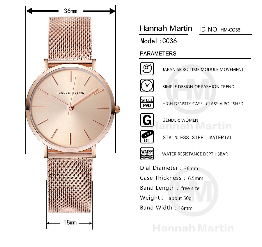 Waterproof Ladies Quartz Movement Wristwatches By Hannah Martin