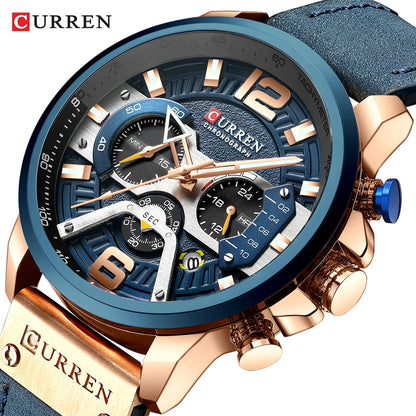 Sports Watches for Men Top Brand Leather Wristwatch Chronograph CURREN