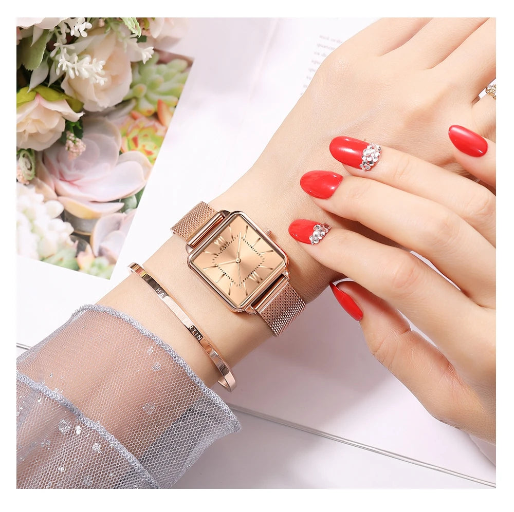 Women's Wristwatch Square Face Quartz Movement and a Stainless Steel Strap