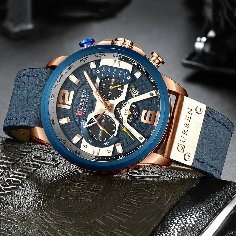 Sports Watch Men's Analog Leather CURREN Luxury Brand. Date. Quartz Clock.