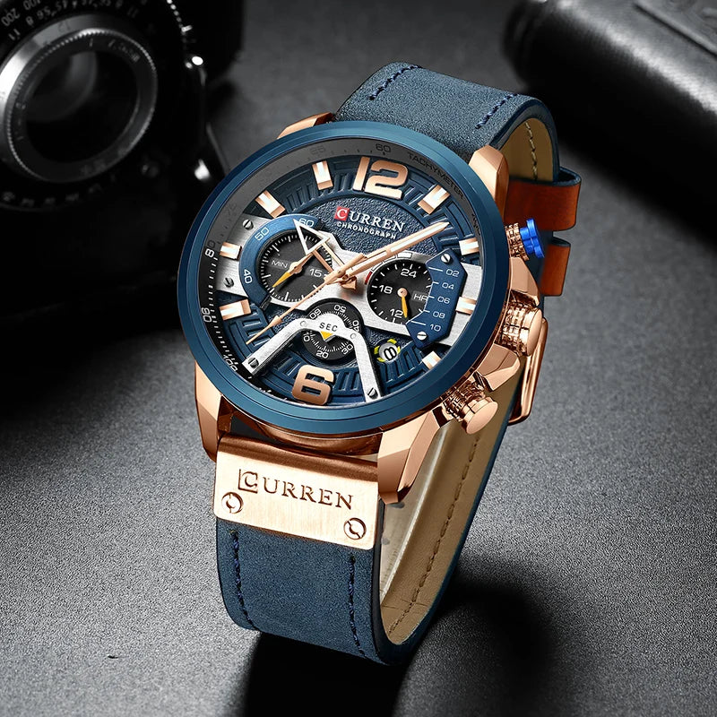 Sports Watch Men's Analog Leather CURREN Luxury Brand. Date. Quartz Clock.