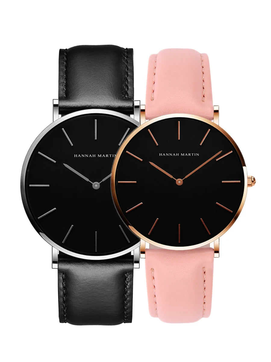 2 Watch Set with Leather Straps Waterproof Watches for Couples