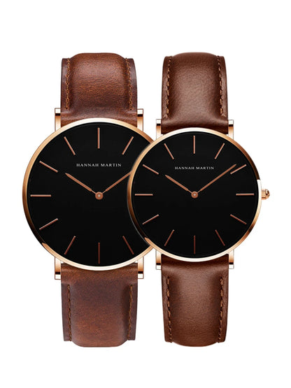 2 Watch Set with Leather Straps Waterproof Watches for Couples