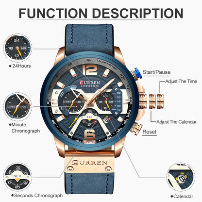 Sports Watch Men's Analog Leather CURREN Luxury Brand. Date. Quartz Clock.