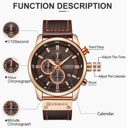 CURREN Mens Wristwatch Leather Sports Quartz Chronograph.