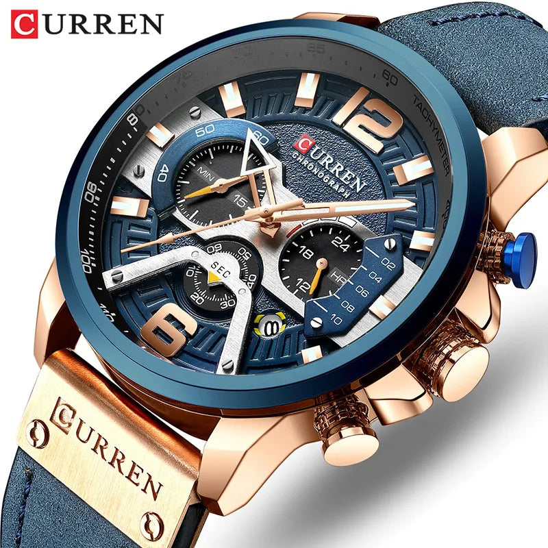 Sports Watch Men's Analog Leather CURREN Luxury Brand. Date. Quartz Clock.