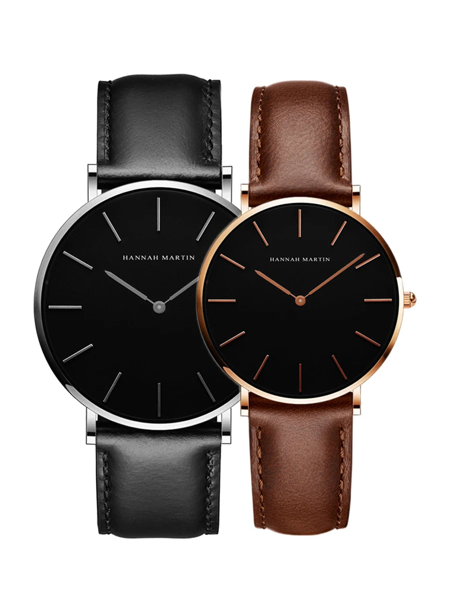 2 Watch Set with Leather Straps Waterproof Watches for Couples