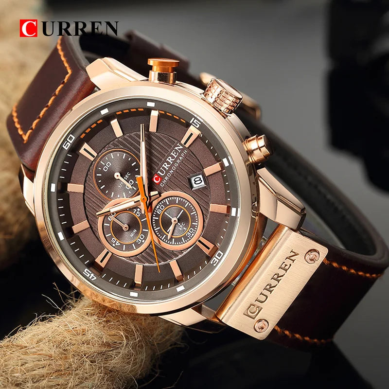 CURREN Mens Wristwatch Leather Sports Quartz Chronograph.