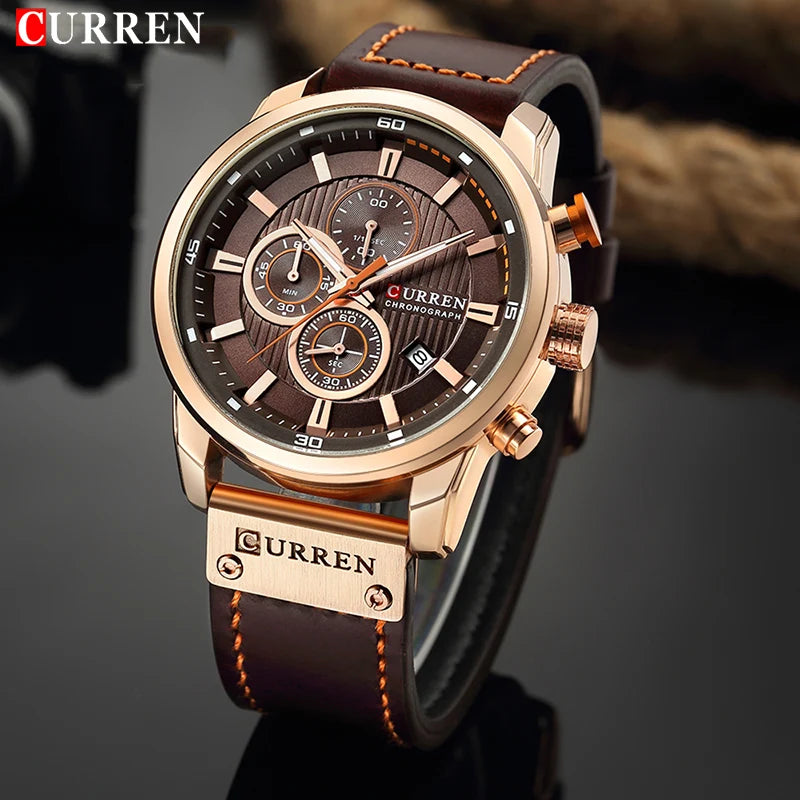 CURREN Mens Wristwatch Leather Sports Quartz Chronograph.