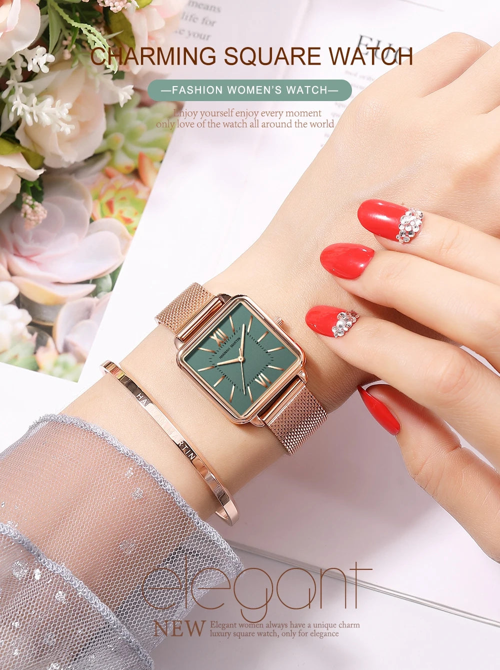 Women's Wristwatch Square Face Quartz Movement and a Stainless Steel Strap