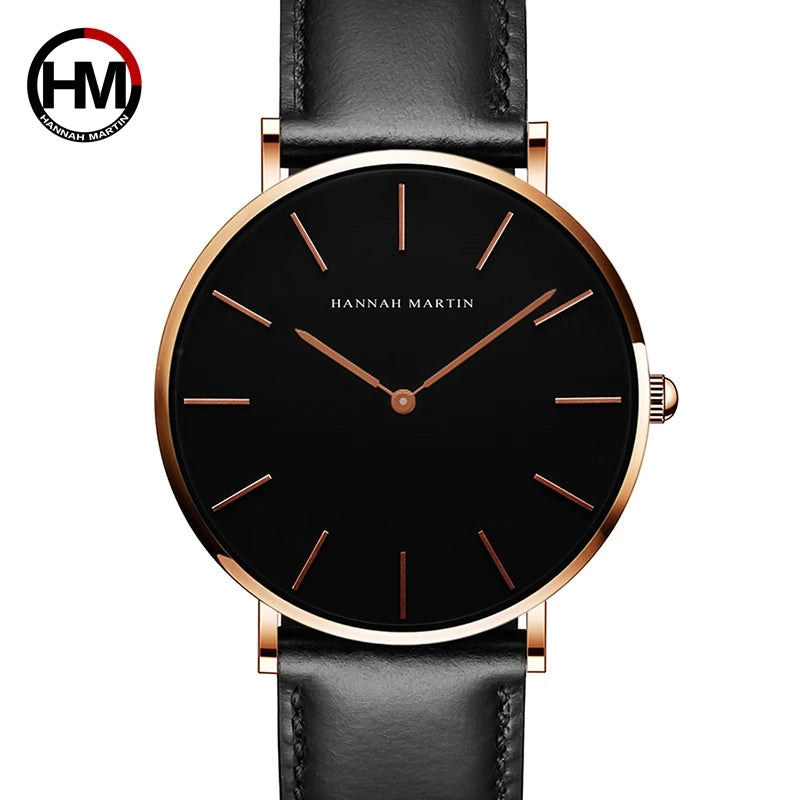 Men's Full Black Slim Minimalist Wristwatch Fashion Brand Hannah Martin