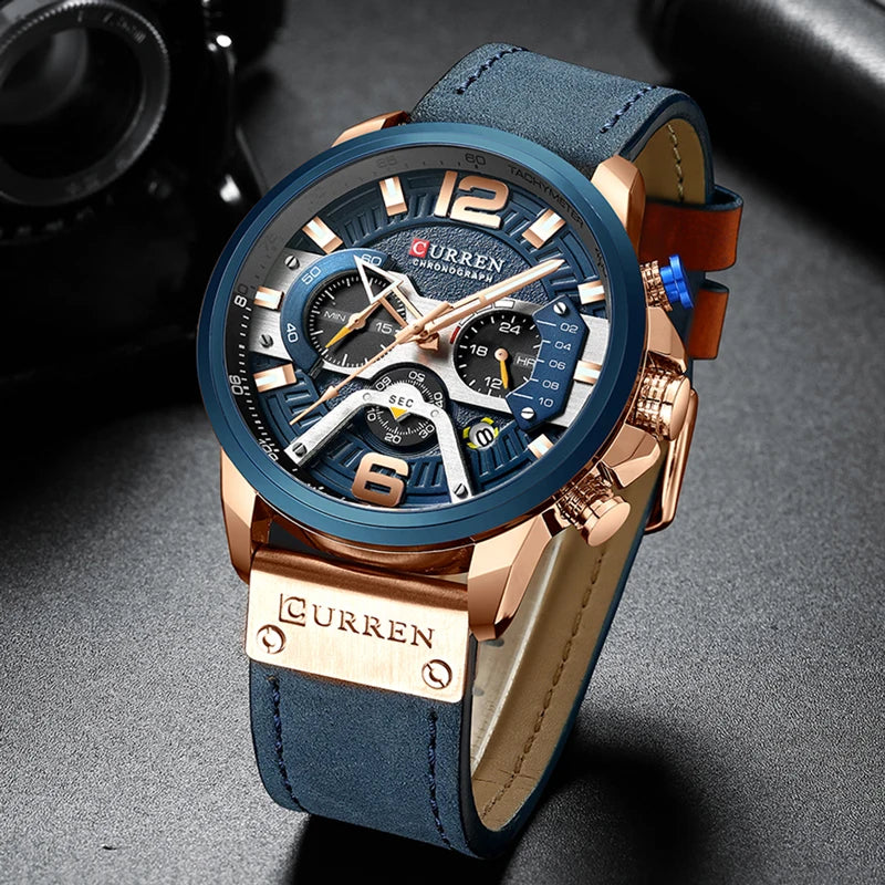 Sports Watches for Men Top Brand Leather Wristwatch Chronograph CURREN