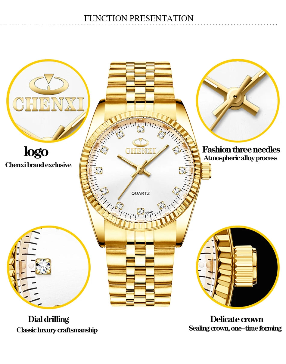 Men + Women Gold Quartz Movement Waterproof Stainless Steel Wristwatches