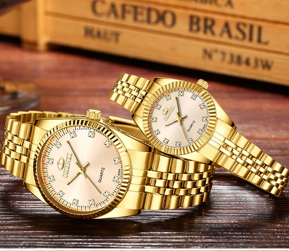 Men + Women Gold Quartz Movement Waterproof Stainless Steel Wristwatches