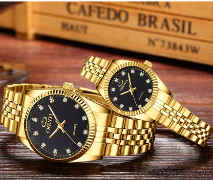 Men + Women Gold Quartz Movement Waterproof Stainless Steel Wristwatches