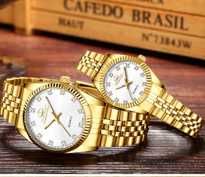 Men + Women Gold Quartz Movement Waterproof Stainless Steel Wristwatches