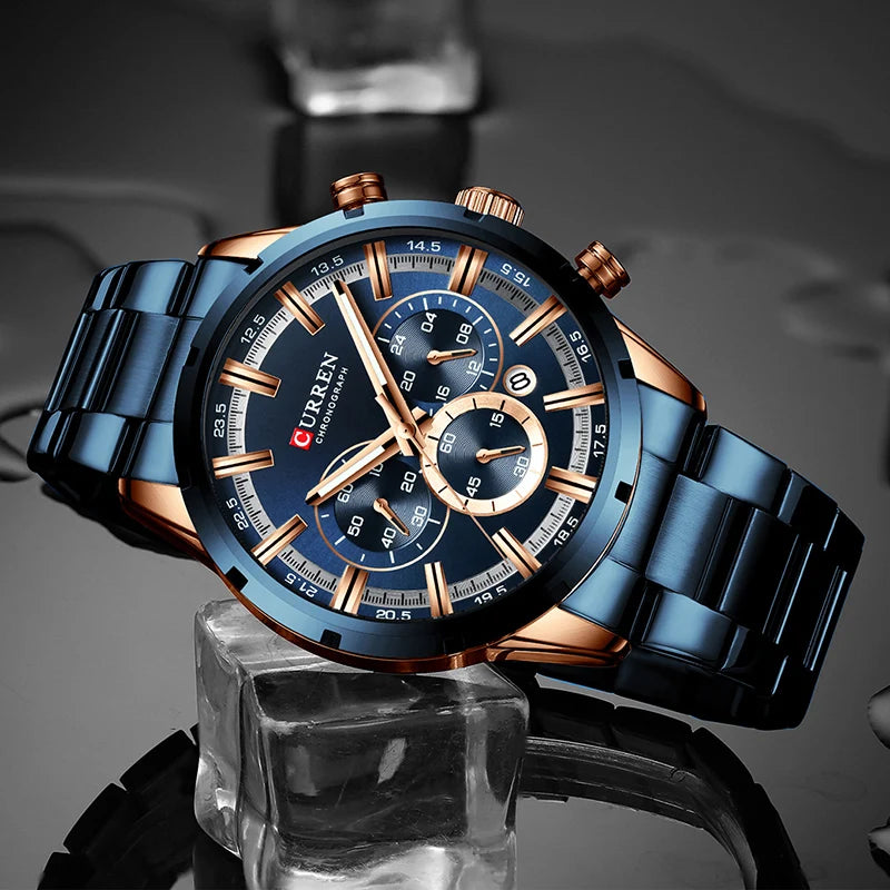 CURREN Men's Wristwatch. Chronograph. Luxury Sports. Quartz. Steel. Waterproof.