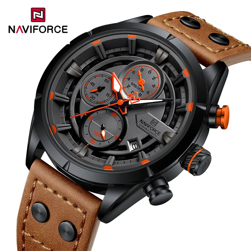 NAVIFORCE Men's Watch Genuine Leather Strap Male Chronograph Quartz