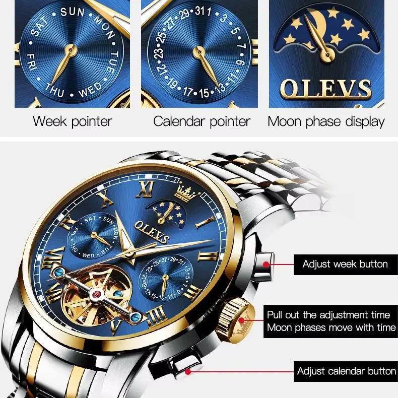 Men's Watch OLEVS Skeleton Tourbillon Mechanical Self Winding Wristwatch