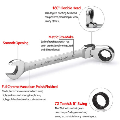 Spanner Set Chrome Vanadium Steel CR-V Flex-Head with Organizer Bag