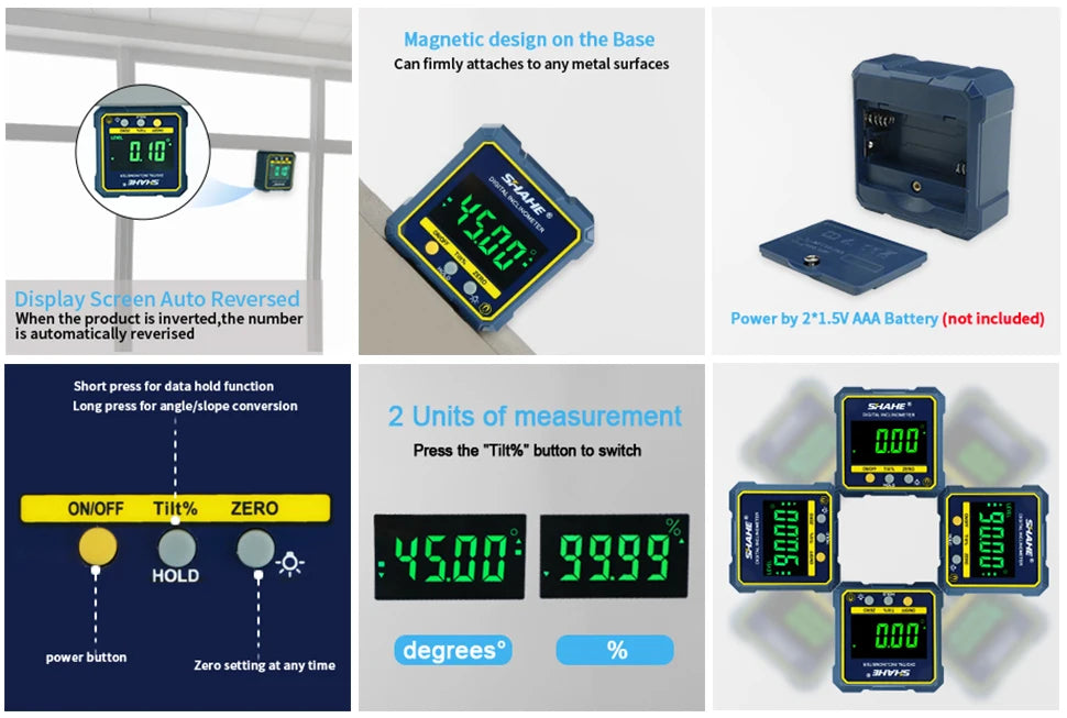 SHAHE Digital Magnetic Protractor Inclinometer Level Angle Finder;