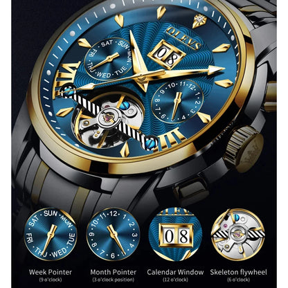 OLEVS Wristwatch for Men Skeleton Flywheel Mechanical Classic Calendar.