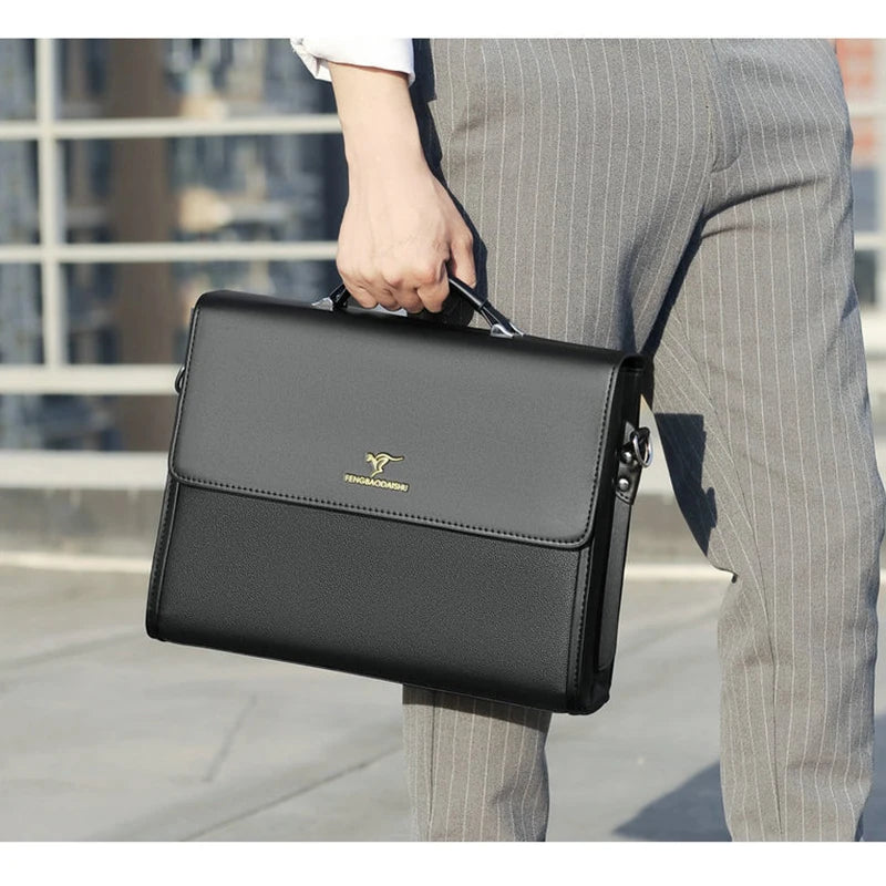 Luxury Briefcase For Business + Shoulder Strap + Top Handle. PU Leather.