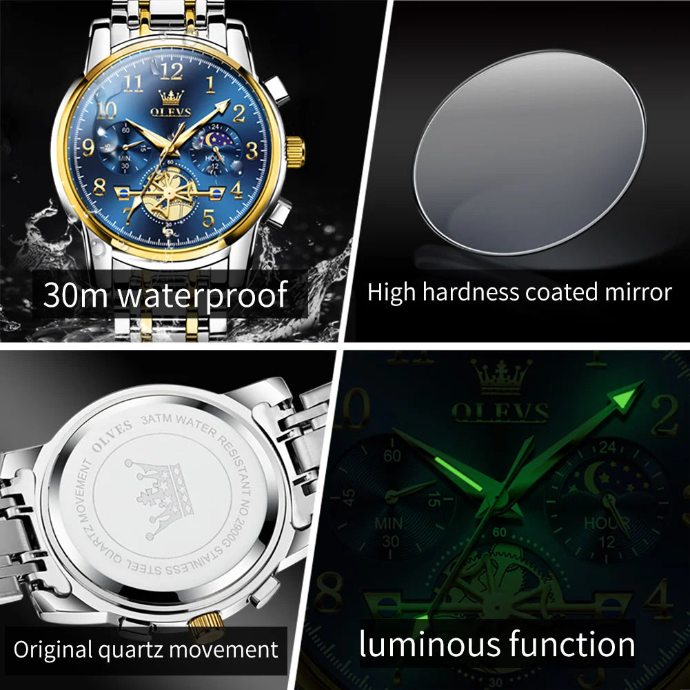 Men's watch OLEVS 2900 Moon Phase Stainless Steel Waterproof Luminous Chronograph Quartz Wristwatch