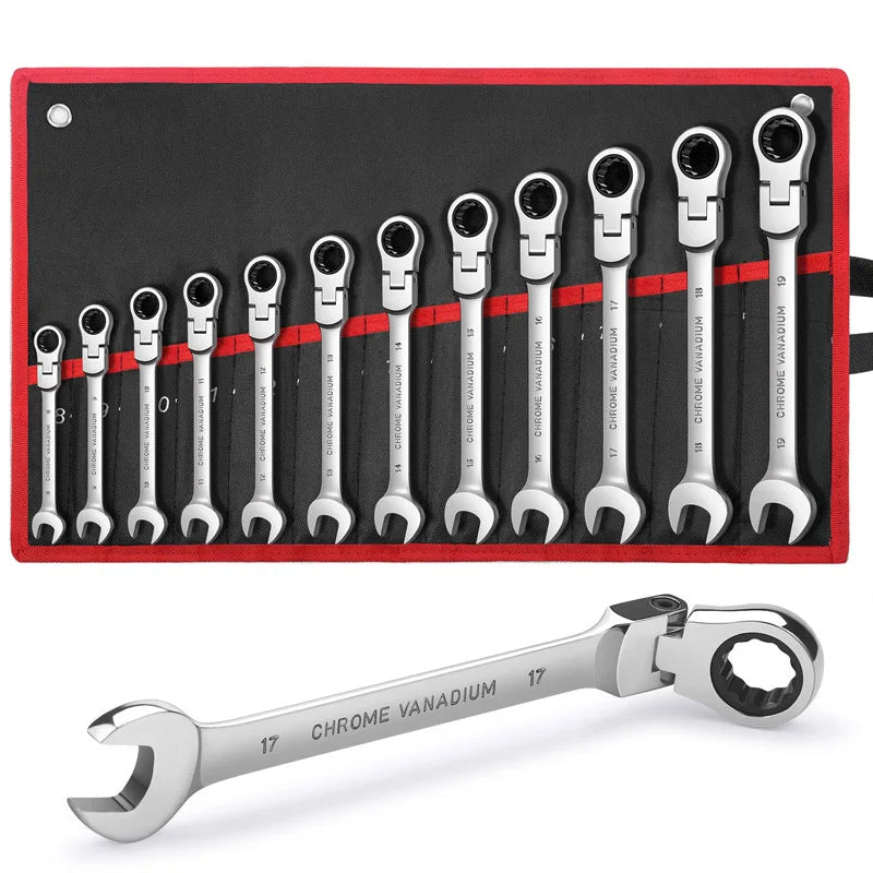 Spanner Set Chrome Vanadium Steel CR-V Flex-Head with Organizer Bag