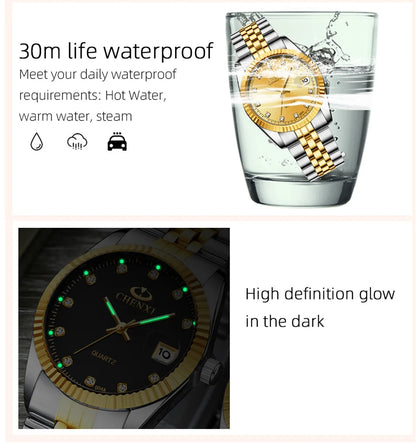 CHENXI Rhinestone Dial Golden Quartz Watch Stainless Steel + Waterproof