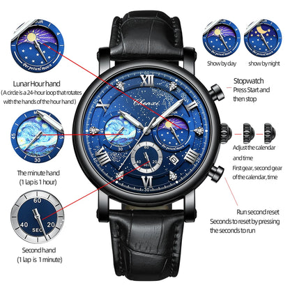 Men's Watch Luxury Leather Chronograph Date Waterproof Luminous Dial