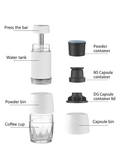 Portable Coffee Machine Hot/Cold Water Manual Espresso, Capsule & Ground.