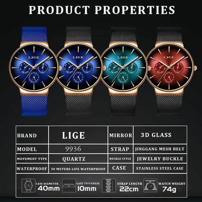 Men's Watch LIGE Fashion Quartz Watch Mesh Steel Waterproof Ultra-Thin