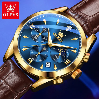 OLEVS Moon Phase Luminous Quartz Leather Strap Chronograph Watch