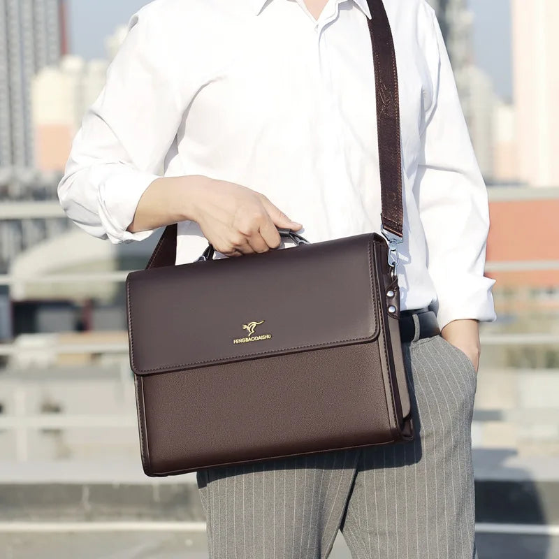 Luxury Briefcase For Business + Shoulder Strap + Top Handle. PU Leather.