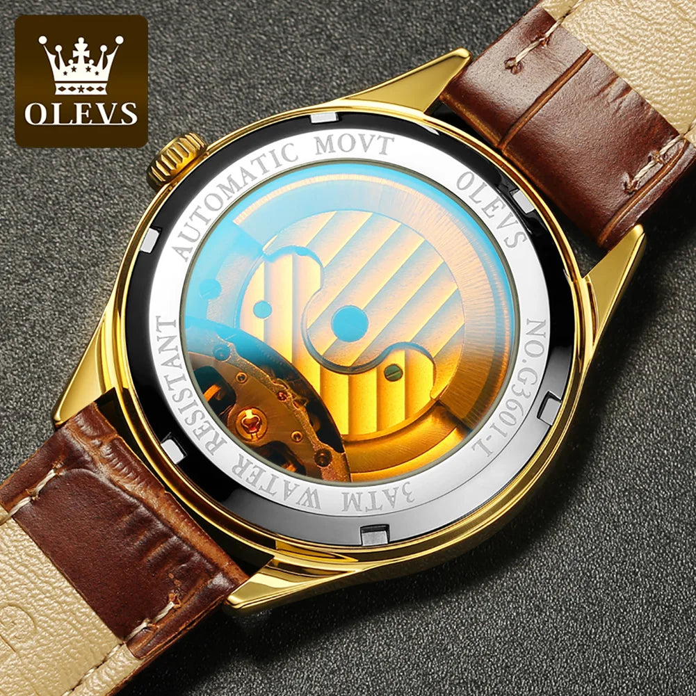 Men's Watch OLEVS 3601 Automatic Waterproof Stainless Steel + Leather Strap