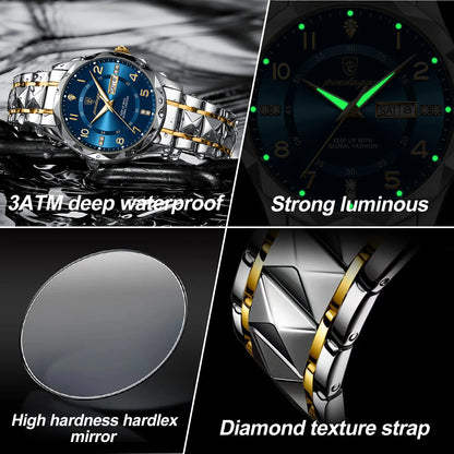 Men's Watches POEDAGAR Waterproof Luminous Date Stainless Steel Quartz