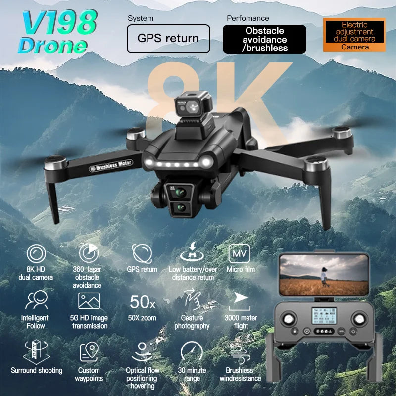 Drone Camera V198 GPS 8K Pro HD Camera + Brushless + LASER Obstacle Avoidance