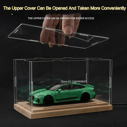 Model Vehicle Acrylic Dust Covers with a Wooden Base + LED Lights.