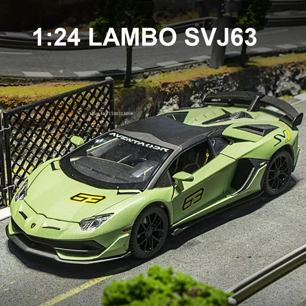 Diecast 1:24 Lambo SVJ63 Alloy Super Sports Model Sound Light Pull Back Function