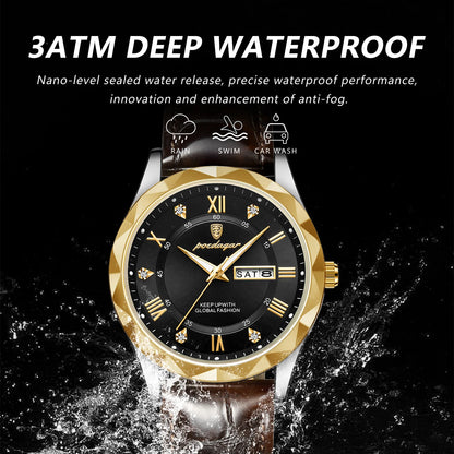 Men's Watches POEDAGAR Waterproof Luminous Date Week Quartz Clock Leather Strap