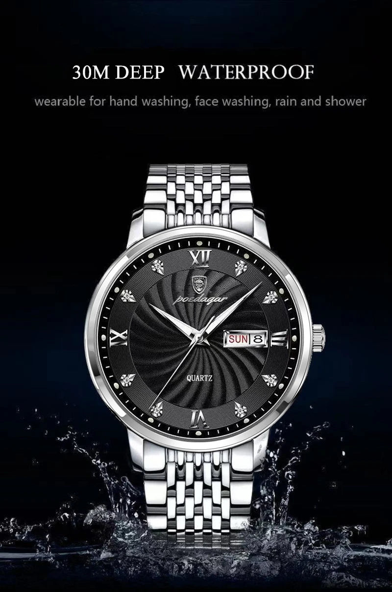 Watch Waterproof Luminous Date. Men's Quartz POEDAGAR Wristwatch Stainless Steel