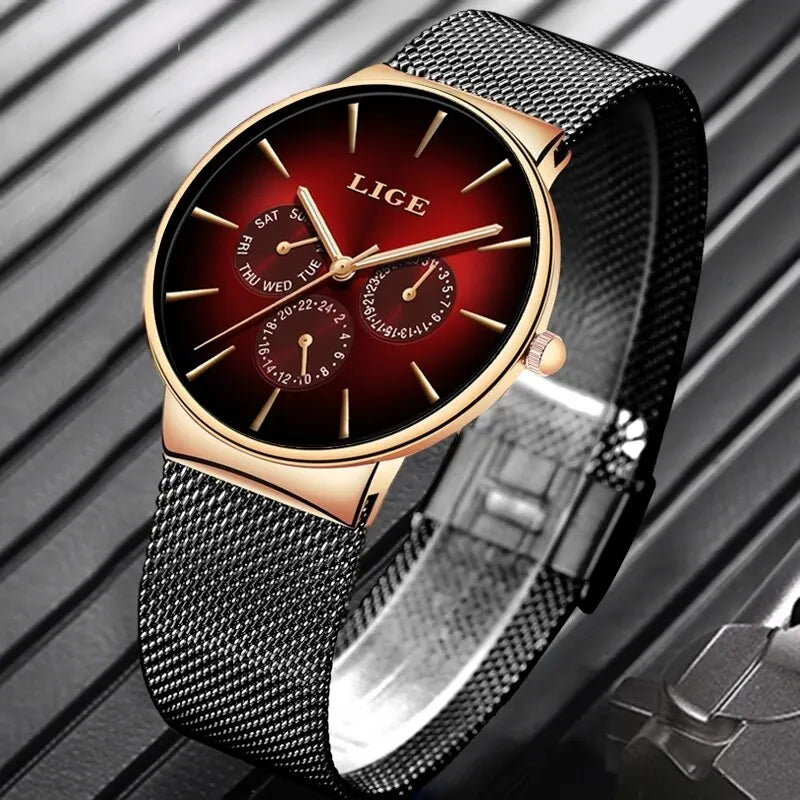 Men's Watch LIGE Fashion Quartz Watch Mesh Steel Waterproof Ultra-Thin